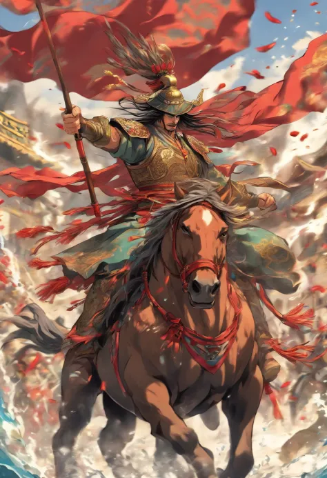 Water Margin character Lin Chong, riding a war horse, holding a red tassel gun, tall, muscular, fighting posture, high quality, best details