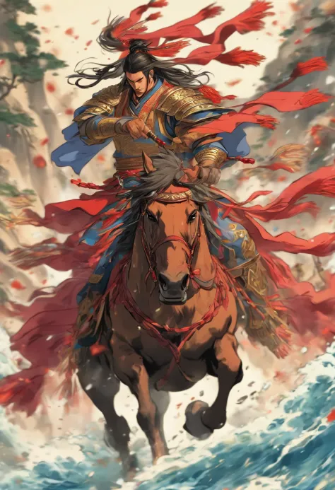 Water Margin character Lin Chong, riding a war horse, holding a red tassel gun, tall, muscular, fighting posture, high quality, best details