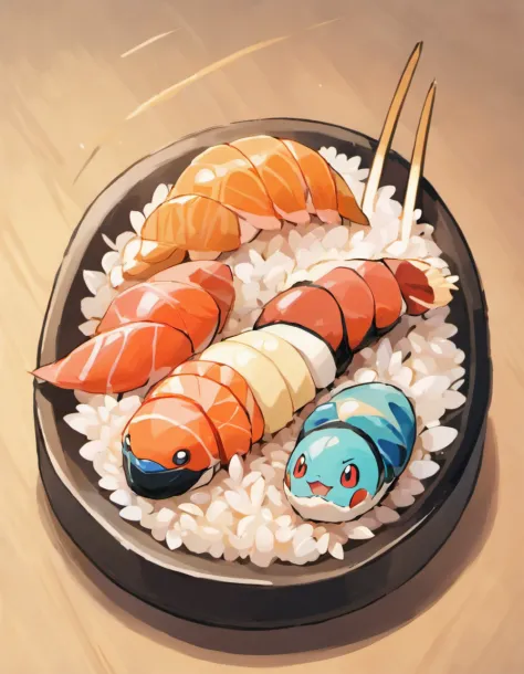 Nigiri: Hand-pressed sushi consisting of a small bed of vinegared rice topped with seafood or other ingredients. Drawn by sowsow,