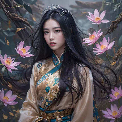 32K（tmasterpiece，k hd，hyper HD，32K）Long flowing black hair，ponds，zydink， a color， Aozhou people （Concubine girl）， （Purple silk s...