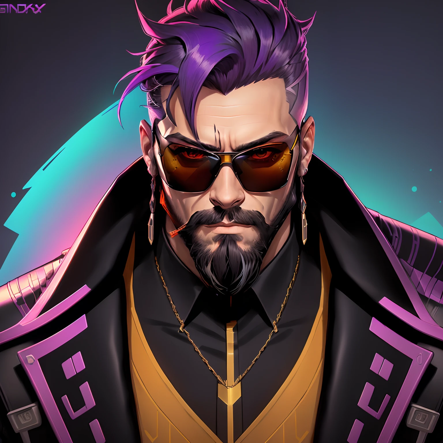 a man with a beard and sunglasses, cyberpunk art, funk art, stunning gradient colors, stylized portrait h 704, pompadour, twitch streamer, cold colors. insanely detailed, t-800, no watermark signature, in rich color, outrun