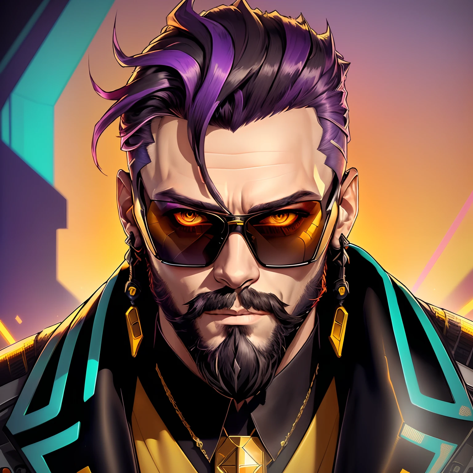 a man with a beard and sunglasses, cyberpunk art, funk art, stunning gradient colors, stylized portrait h 704, pompadour, twitch streamer, cold colors. insanely detailed, t-800, no watermark signature, in rich color, outrun