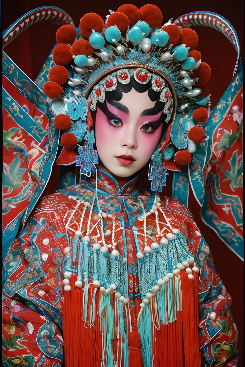 tmasterpiece：（（（CNOperaFlag）））， CNOperaCrown， From the front， looking at viewert， Beautiful makeup，Detailed portrayal of the face。Exquisite headdress， Gorgeous costumes， nipple tassels。Chinese red，cloisonne，deep dark background