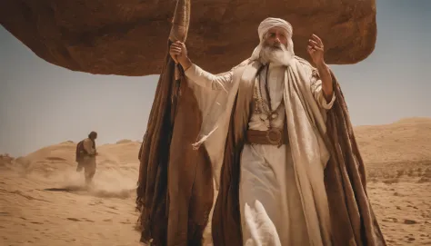 Hooded man walking in desert, Hold one hand with the staff, On the background of the sky, portrait of bedouin d&D, Still from the live-action movie, supervision: by Etienne Delessert, IMAX photography, james gurney and andreas rocha, 2020 Dune Movie, mediu...