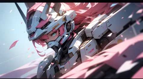 ((Best quality)), ((Masterpiece)), (Detailed:1.4), 3D,mechs，Pink Long Hair，vibrant with colors，Cherry blossom petals float to ze...