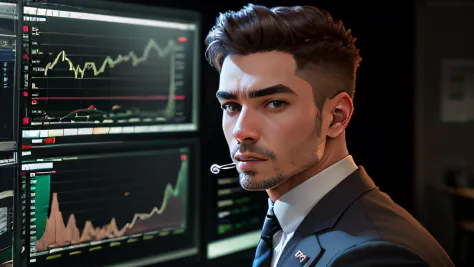Businessman named Samuel, ambitious, white American face, looking at a computer screen, with investment chart