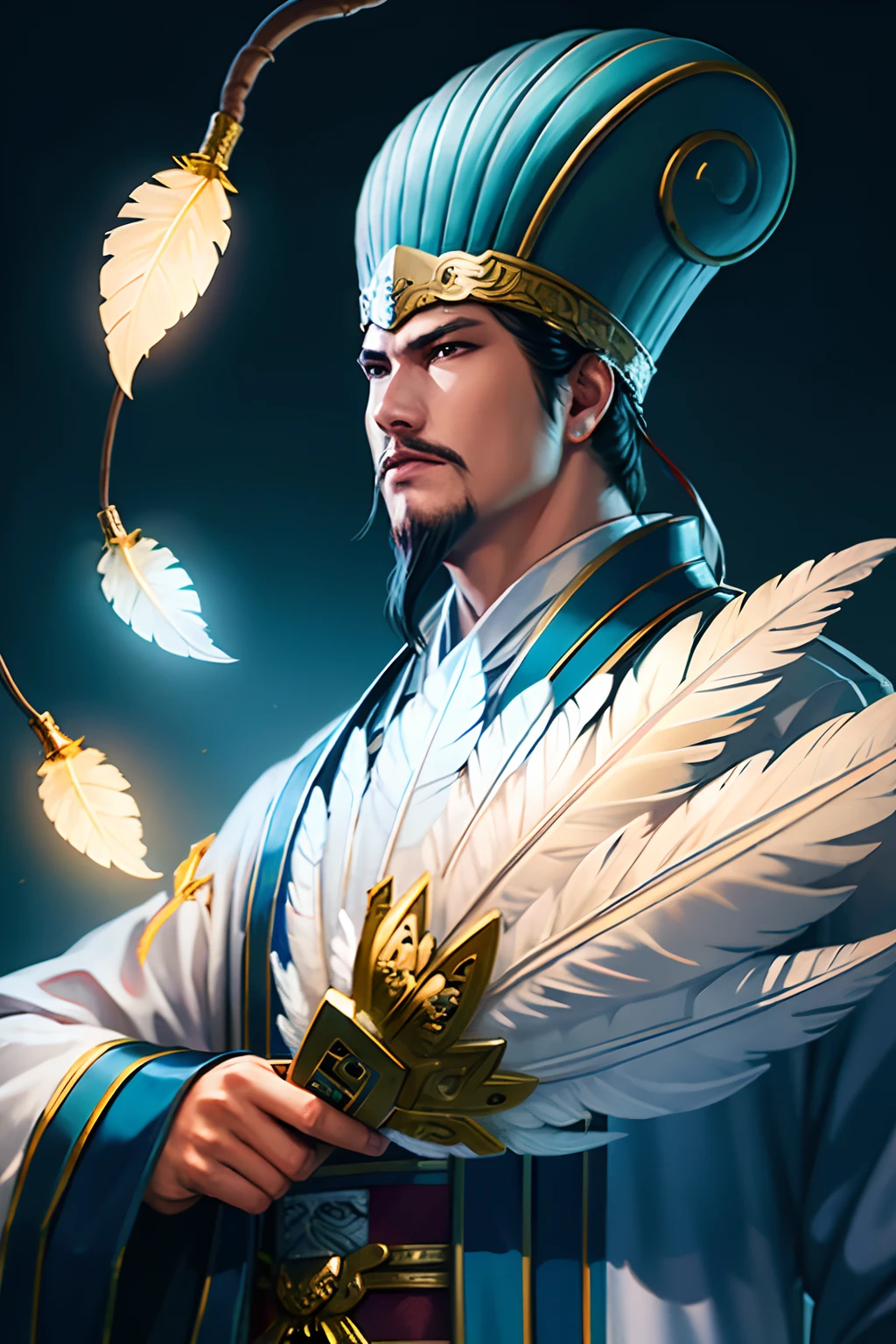 1boys,(8K,Best picture quality,tmasterpiece:1.4),Final Fantasy,(fantasy),(lamplight),Solo,white chinese chat,Chinese clothes,(handle Feather Fan),Zhuge Liang，Real Human