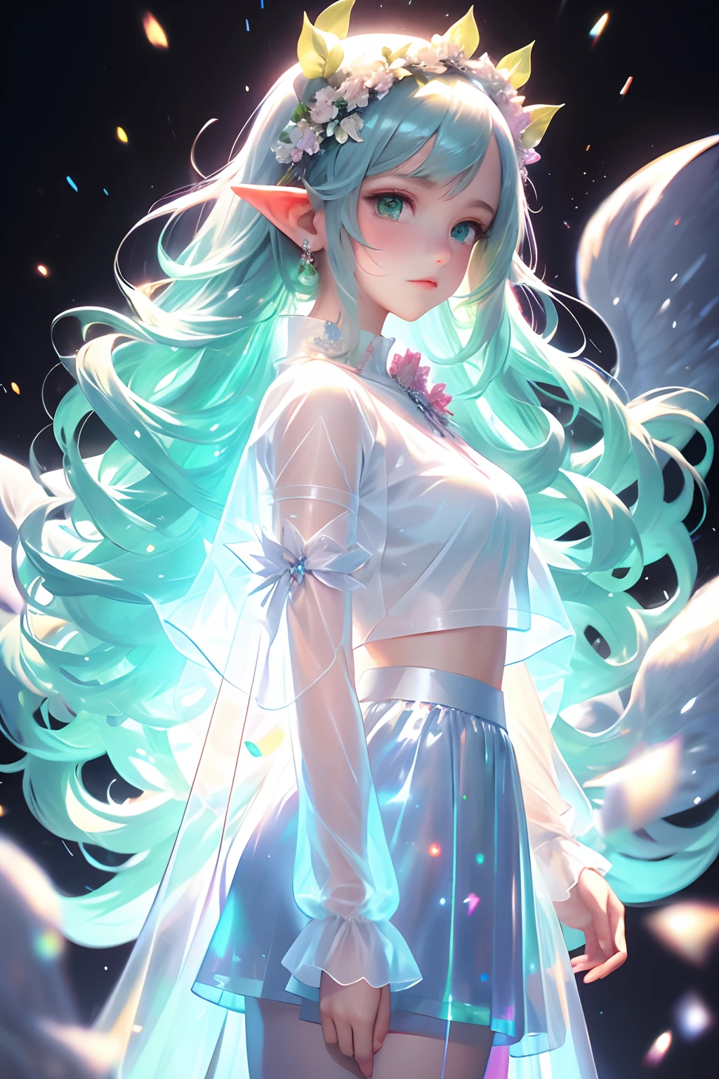 White long hair anime girl wearing white shirt and flower crown, Snow scene，a beautiful anime portrait,tmasterpiece， one-girl， Cloud Girl， Clouds， Colorful， Transparent body，Sparkling，full bodyesbian，long  skirt，White top，green long skirt，Transparent clothes，Elf wings，Red streamer