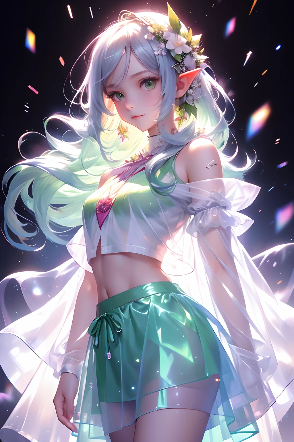 White long hair anime girl wearing white shirt and flower crown, Snow scene，a beautiful anime portrait,tmasterpiece， one-girl， Cloud Girl， Clouds， Colorful， Transparent body，Sparkling，full bodyesbian，long  skirt，White top，green long skirt，Transparent clothes，Elf wings，Red streamer