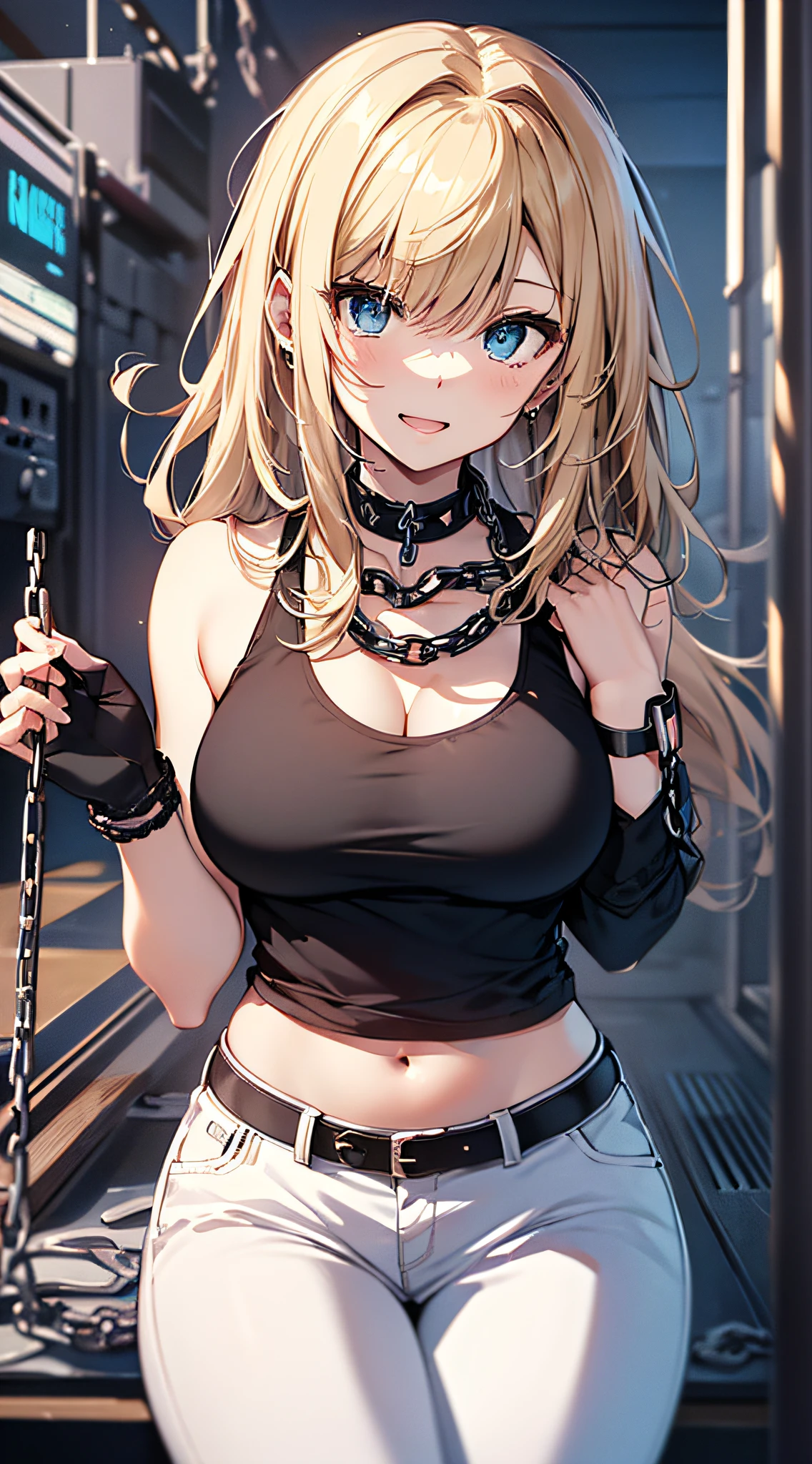 top-quality、Top image quality、​masterpiece、girl with((18year old、右肩に♡のタトゥー、Black Navel Tank Top、White pants、Best Bust、Bust 85、a blond、poneyTail、blue eyes、open chest wide、Happiness、Chain Accessories、Black wristband on wrist、all-fours,A slender)）hiquality、visualart、Background with((Blue Room))、masutepiece