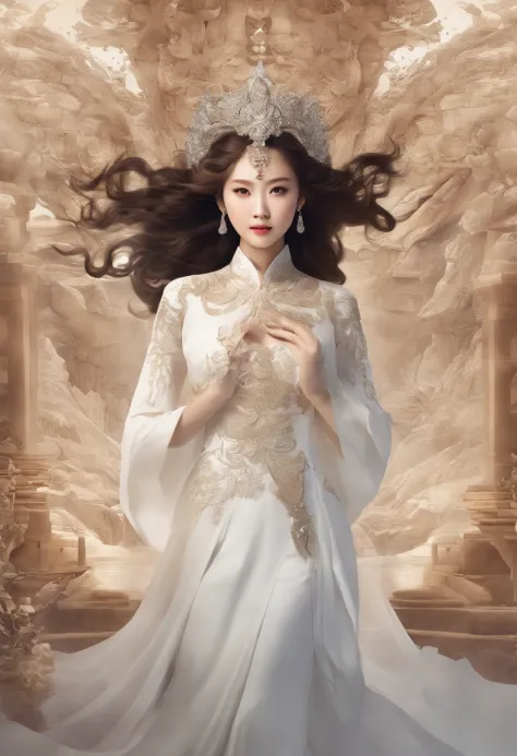 "An majestic, Ethereal goddess with voluminous brown hair, Asian Woman、Decorated with flowing white wedding dresses, Soar gracefully above the enchanting crowds, Show off her modeling abilities on epic runways."