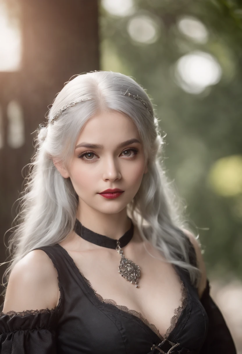 High quality, rich in detail, twin-tailed silver-haired girl posing cutely. They wear vintage Gothic gothic clothes, wearing bracelets, earrings and necklaces. Big are also visible. The photo is a close-up of the face, with cleavage, shiny breasts, sweat in the cleavage, and a sexy vibe.