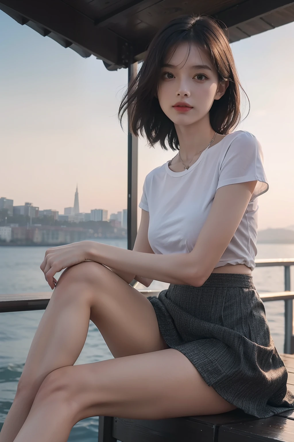 (full bodyesbian:1.5)，(1girll:1.3),(view the viewer:1.4)，(anatomy correct:1.4),(Sitting by the sea:1.2),(Wear a short skirt:1.2),(Accurate and perfect face:1.3),(Long legs:1.3),hyper HD, Ray traching, reflective light， structurally correct, Award-Awarded, High detail, Fade-in and fade-out shadow contrast, Face lighting ，Cinematic lighting, Masterpiece, super detailing, High quality, High detail, Best quality, 16k，High contrast,