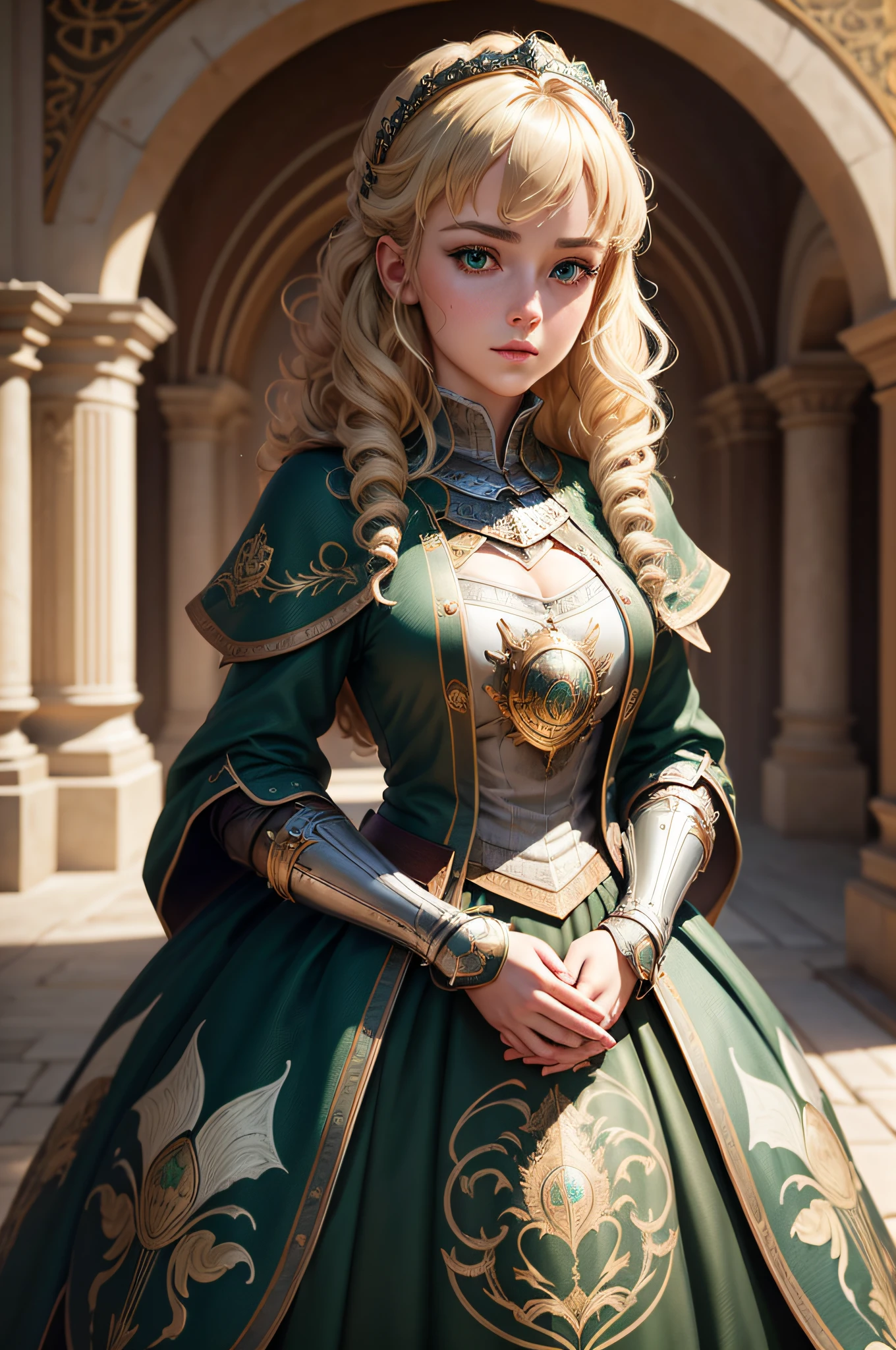 1girl, masterpiece, best quality, 8k, detailed skin texture, detailed cloth texture, beautiful detailed face, intricate details, ultra detailed, a european girl, green eyes, blonde curly hai, 3D character, Medieval Knight