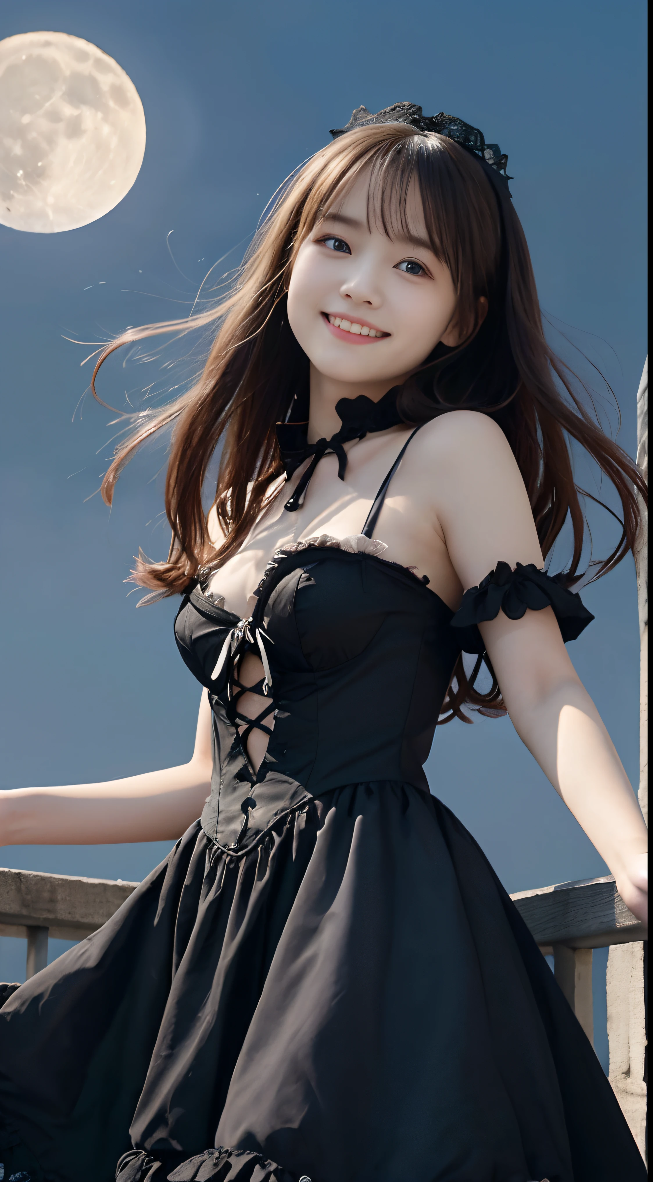 (Dressed in Gothic and Lolita costumes、One girl with slender small breasts and long hair:1.5)、(One girl looking at camera with small smile and hair swaying in the wind :1.5)、(low  angle shot :1.5)、(Beautiful full moon night:1.5)、(Perfect Anatomy:1.3)、(No mask:1.3)、(complete fingers:1.3)、Photorealsitic、Raw photography、masutepiece、top-quality、hight resolution、delicate and pretty、face perfect、Beautiful detailed eyes、Fair skin、Real Human Skin、pores、((thin legs))、(Dark hair)