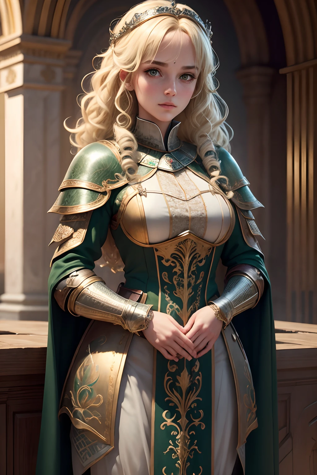 1girl, masterpiece, best quality, 8k, detailed skin texture, detailed cloth texture, beautiful detailed face, intricate details, ultra detailed, a european girl, green eyes, blonde curly hai, 3D character, Medieval Knight