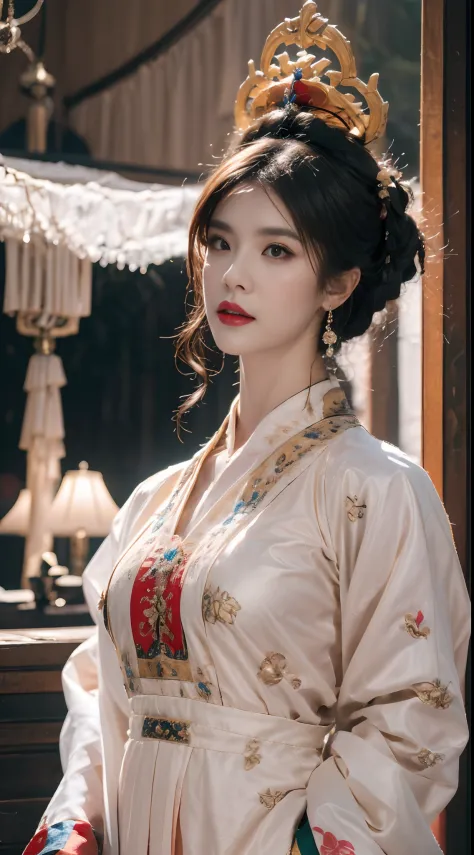A beautiful portrait of a 20-year-old saint, Wearing a thin multicolored silk dress, Beautiful face without blemishes, ((Natural smile:0.3)), Mouth closed, ((7 color hair length:1.2)), The Great Crown, Hair brooch, Hanfu dress, Chinese ancient style, Full ...