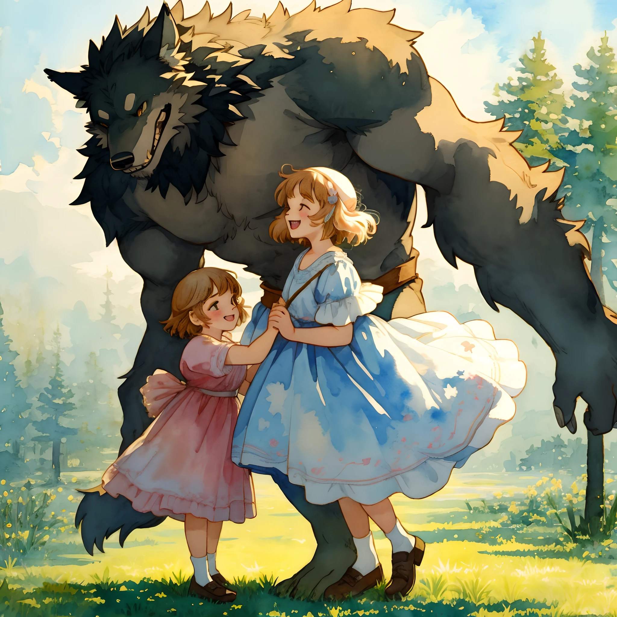 watercolor, soft color, Vintage images, highres, unparalleled masterpiece, absurdres, love story of human Child girl and giant Werewolf, pair, Height difference, Physical difference, perfect anatomy, smile, joyful, play with, smile, happy, watercolor,