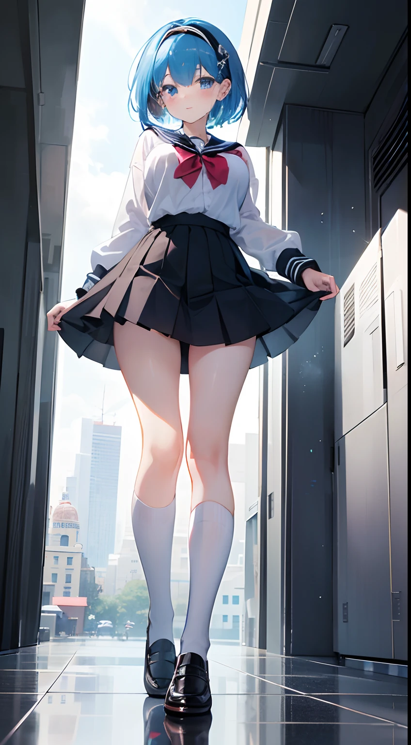 ((masterpiece)), ((best quality)), (ultra-detailed), ((kawaii)), cute, (lovely), ((sexy)), (ero), ((extremely detailed)), 4K, (8K), best quality, (beautiful), anime style, full body, look up from below, full body focus, city, town, evening, 2girls, 2 cute girls, , beautiful blue hair, beautiful blue eyes, ((beautiful eyes)), white-skinned, short hair, transparent hair, translucent hair, large breast, horseshoe-shaped hairband, light smile, blush, neon light, wind effect, reflection effect