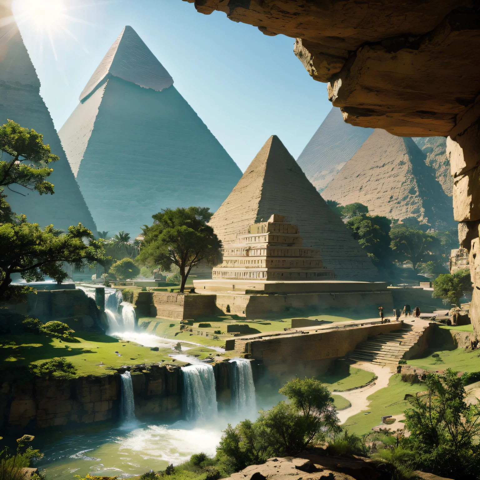 (Huge pyramids) Egypt, monuments of stone man coming out of a mountain are in the valley ,in a mix of painting of a waterfall in a green forest with a ray of sunshine, waterfalls, incredible depth, breathtaking masterpiece of art, 16k, realistic photo.