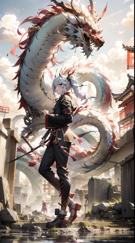 chinese dragon, sword, holding, holding weapon, 1boy, long hair, cloud, standing, holding sword, architecture, reflection, blood...