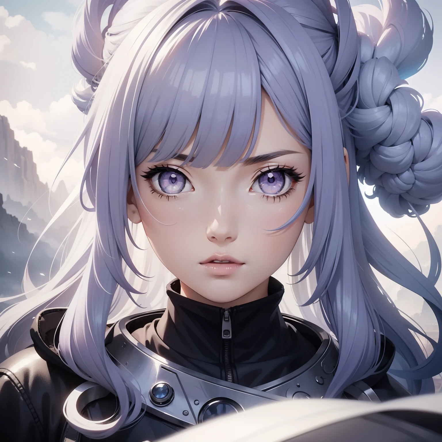 Beautiful fluffy clouds with overlapping head and face for girls，Stylized abstract portrait close-up of beautiful girl，Clouds blend into the hair，Cloud wraps girl，White background，Surrealist art fantasy style，Epic digital fantasy art style，ModelShoot style,Blunt Bangs, purple eyes