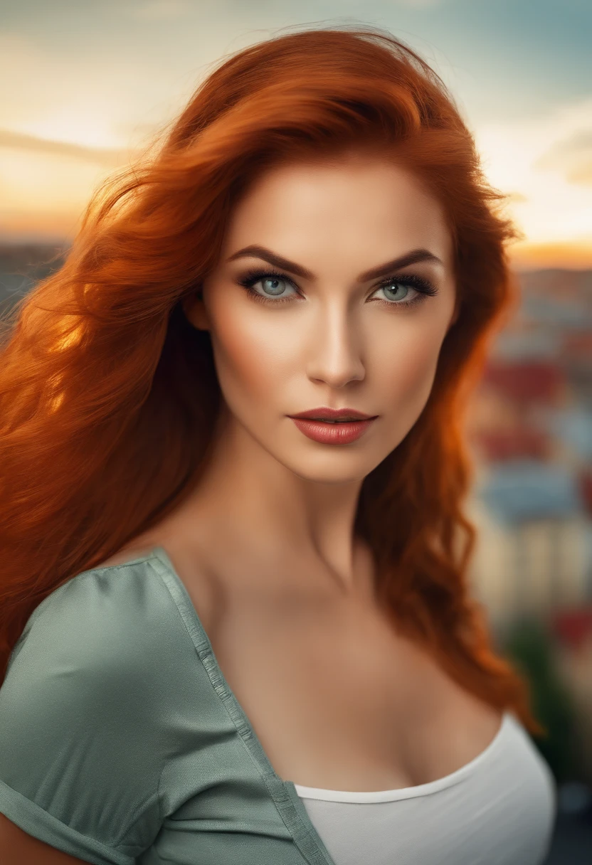 A close up of a woman with long red hair and a green shirt - SeaArt AI