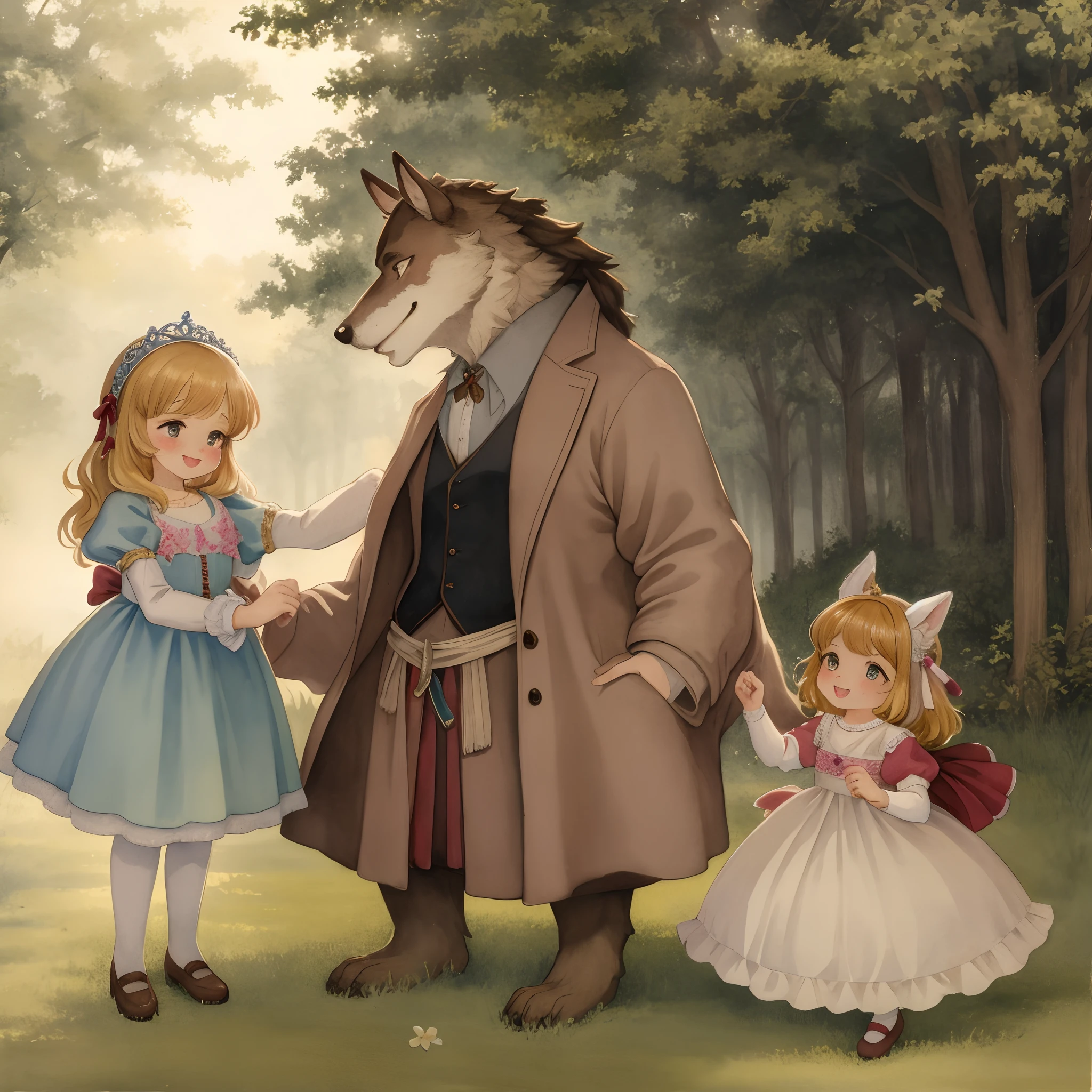 watercolor, soft color, Vintage images, highres, unparalleled masterpiece, absurdres, love story of human Child girl and giant Werewolf, love romance, The princess and the prince, family photograph, pair, Height difference, Physical difference, perfect anatomy, smile, joyful, play with, smile, happy, watercolor,