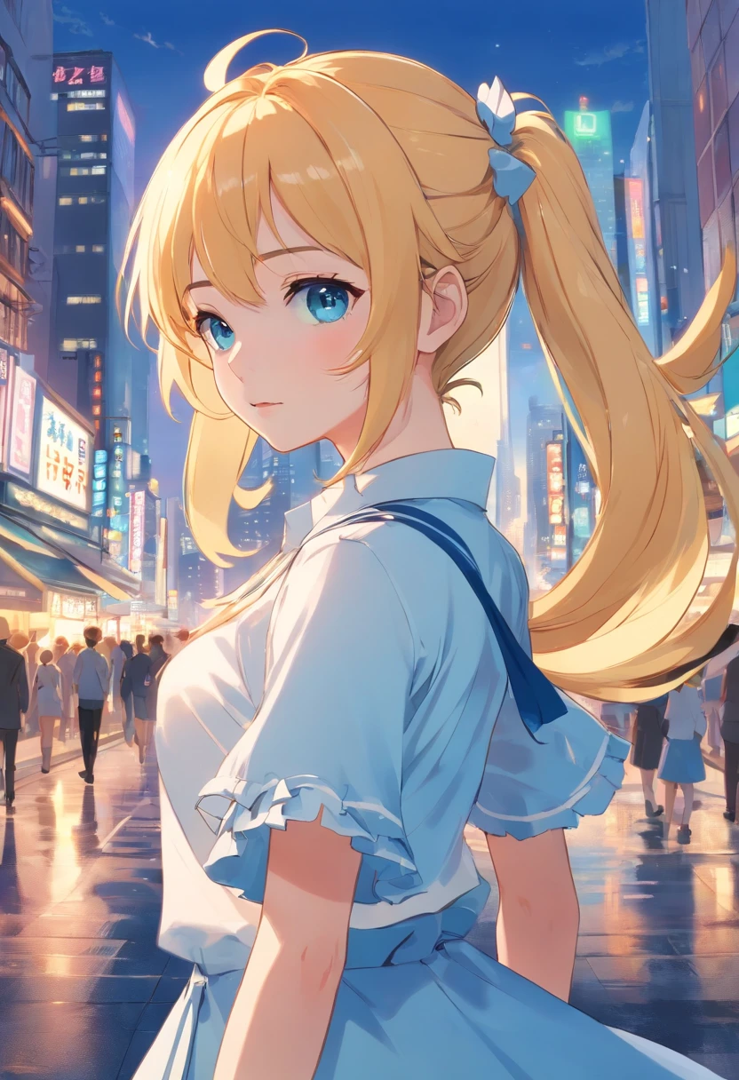 Golden hair，double ponytail curls，blue color eyes，White Lolita，Beth，Bustling cityscape