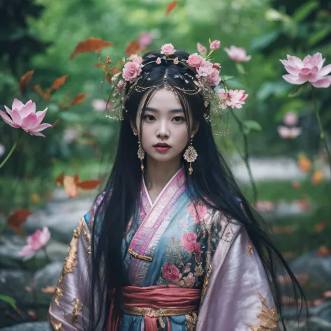 32K（tmasterpiece，k hd，hyper HD，32K）Long flowing black hair，ponds，zydink， a color， Aozhou people （Concubine girl）， （Purple silk s...