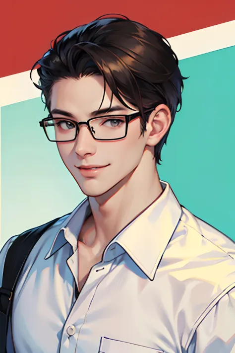 Male, portrait, face focus, handsome, Chinese, glasses, nerd, hot nerd, muscle, white button shirt, smiling without teeth.