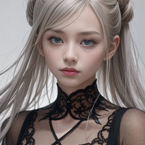An 18-year-old beauty in cool clothes fell from the sky，tmasterpiece， best qualtiy， 35mm， 8K， absurderes， beuaty girl， （The upper part of the body， light grey background：1.4）， （light grey classical dress， light grey hair：1.6）， Slender， Dark Studio， edge li...