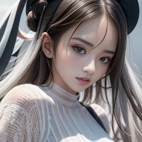 An 18-year-old beauty in cool clothes fell from the sky，tmasterpiece， best qualtiy， 35mm， 8K， absurderes， beuaty girl， （The upper part of the body， light grey background：1.4）， （light grey classical dress， light grey hair：1.6）， Slender， Dark Studio， edge li...