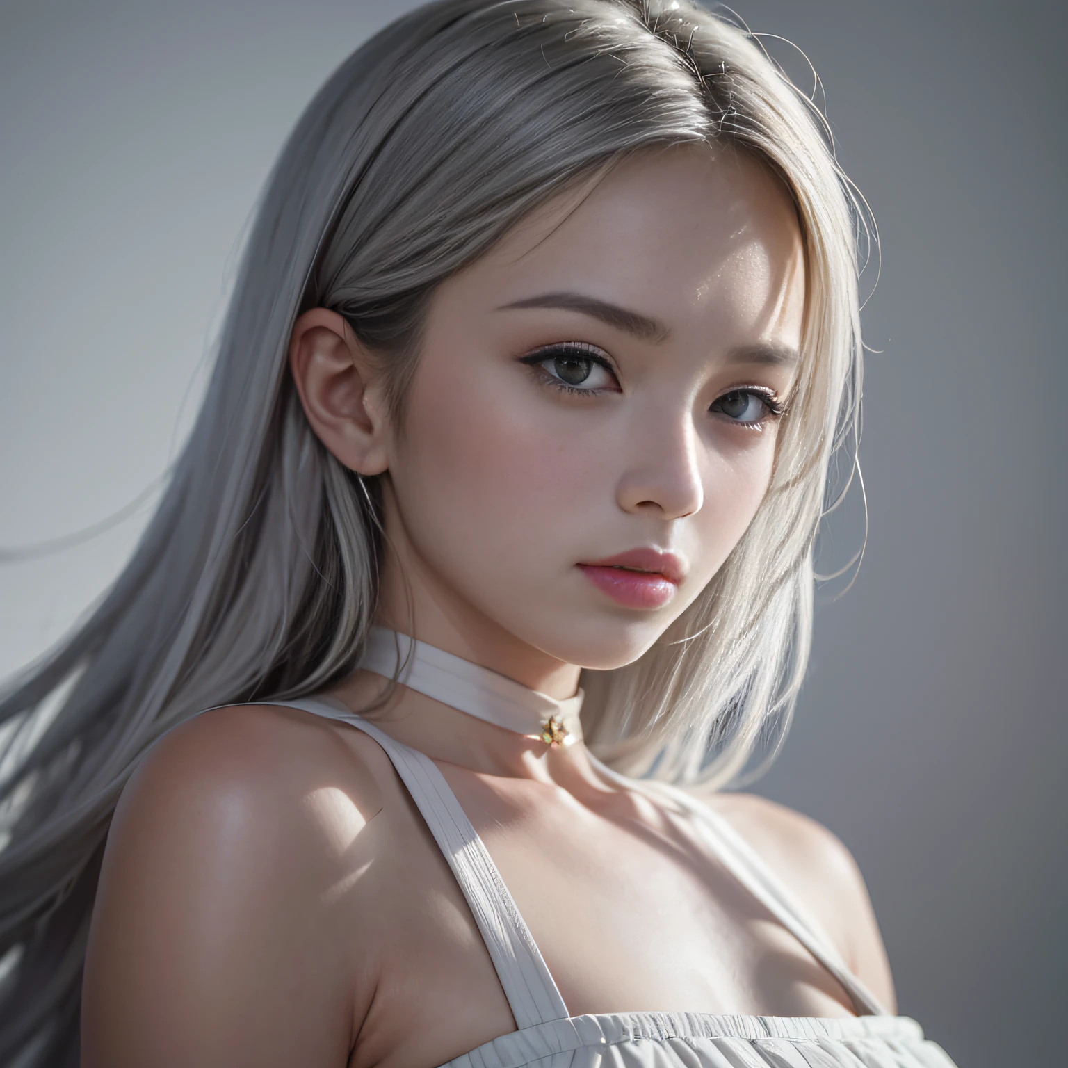 An 18-year-old beauty in cool clothes fell from the sky，tmasterpiece， best qualtiy， 35mm， 8k， absurderes， beuaty girl， （The upper part of the body， light grey background：1.4）， （light grey classical dress， light grey hair：1.6）， Slender， Dark Studio， edge lit， Ultra photo realsisim， A high resolution， photography of， filmgrain， color difference， depth of fields， Sharp focus， hdr， face illuminated， Dynamic Lighting， cinmatic lighting， Professional shadows， dark shadow， highest details， extremy detailed， Hyper-detailing， finely detailled，real looking skin，exquisitefacialfeatures，detailed faces and eyes，Sharp pupils，realistic pupil，Zhuangtian