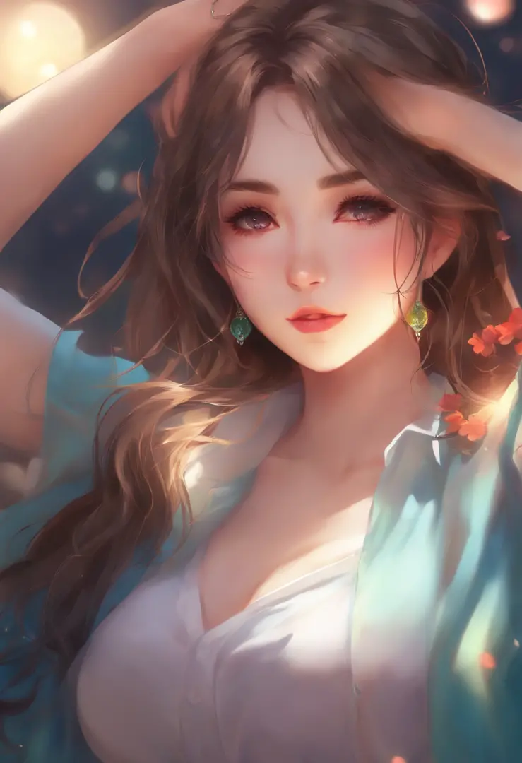 (anime girl), (underboob shirt), [beautiful detailed eyes], [long hair], [colorful background], [vibrant colors], [soft lighting], (best quality), (anime style), (colorful tones), (highres), (bokeh), (ultra-fine painting), (physically-based rendering)