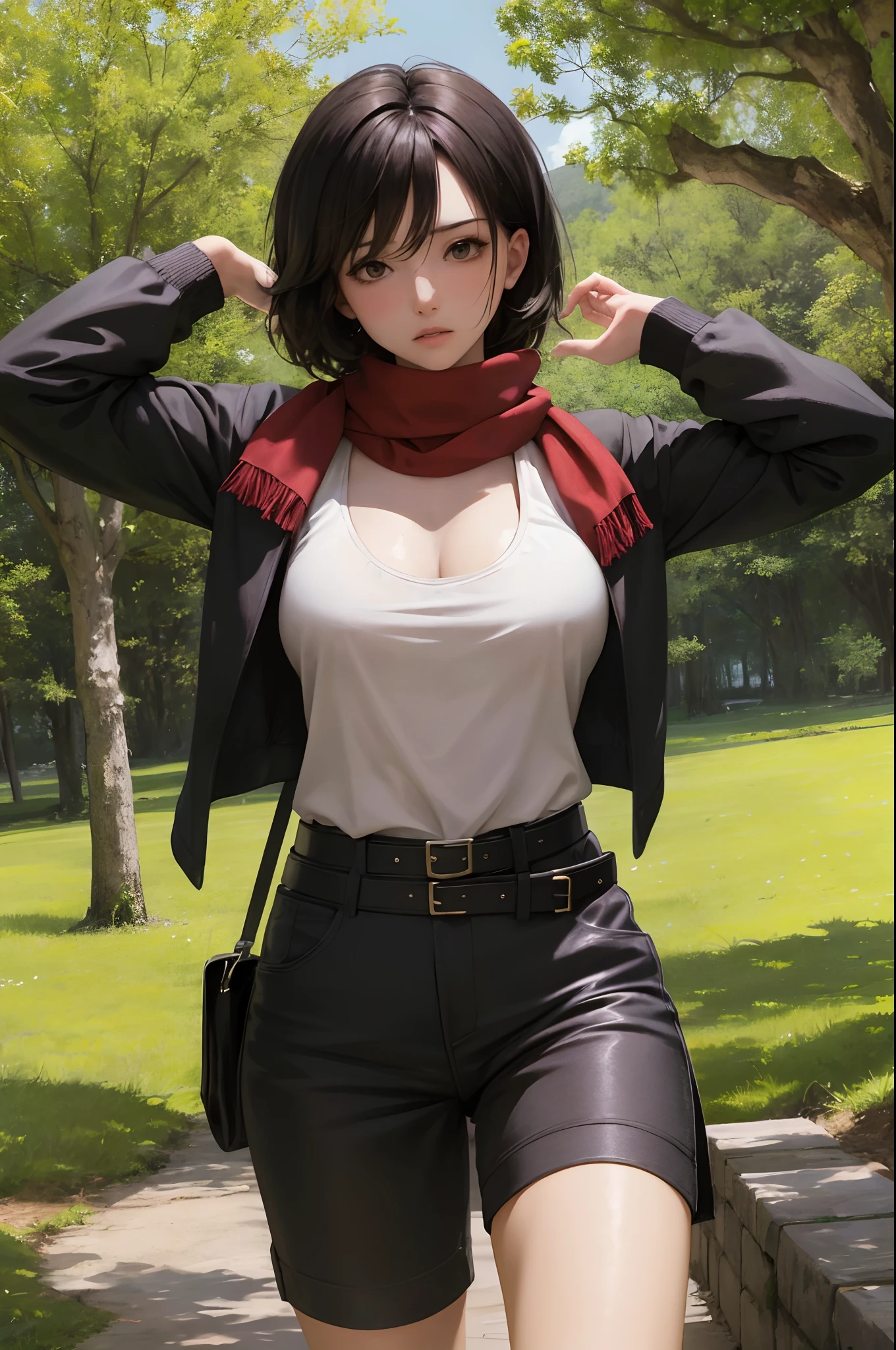 (masterpiece), best quality, expressive eyes, perfect face, outdoor in the woods, (1 girl), 

 medium breasts, collarbone, hmmikasa, short hair, black eyes, scarf, red scarf, emblem, belt, thigh strap, black shorts , long sleeves, brown jacket, (laying on the grass , (on back), full body,almost exposed tits), (sweating), exhausted expression