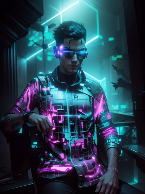 Change background to cyberpunk, lighting, robot