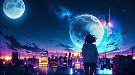 Falling meteorites、1girl in, long purple hair, Modern hoodies, a miniskirt, Converse Shoes, Modern City, On the edge of the roof...