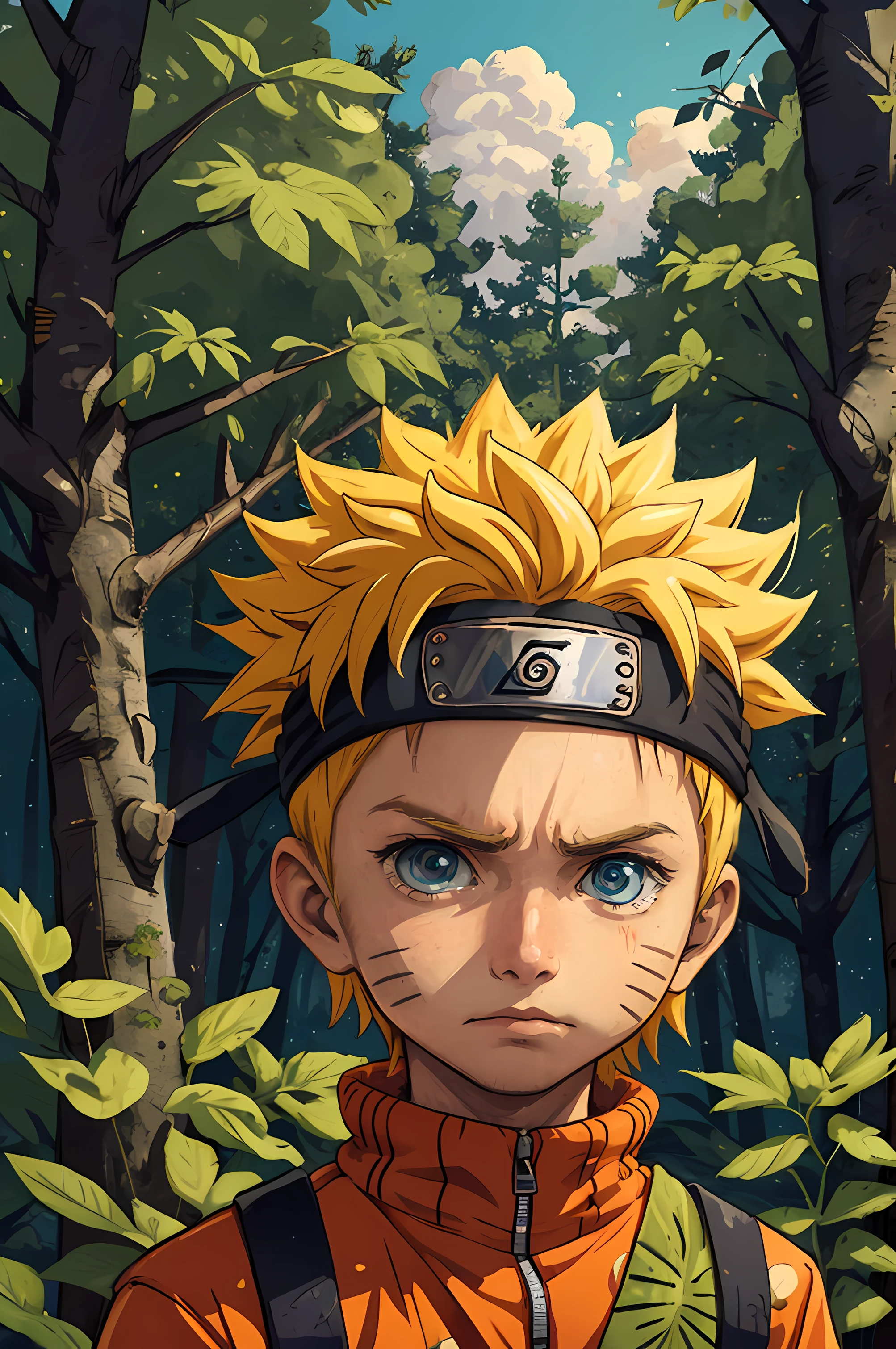 chibinaruto, 1boy, solo, male focus, blue eyes, facial mark, looking over the horizon, pajama, onesie pajama, portrait. Calm and peaceful chibinaruto character wearing a naruto-themed onesie pajama. The character is depicted in a lush forest background, surrounded by vibrant greenery and tall trees. The overall color scheme of the artwork is earthy and natural, with warm tones and soft lighting. The chibinaruto character has a frowning expression on his face, adding a touch of seriousness to the otherwise peaceful scene. His blue eyes stand out against his fair skin, and a distinct facial mark adorns his cheek. He is looking over the horizon, gazing into the distance with a sense of contemplation. The portrait captures the essence of chibinaruto's calm and introspective nature, inviting viewers to join him in his tranquil world.