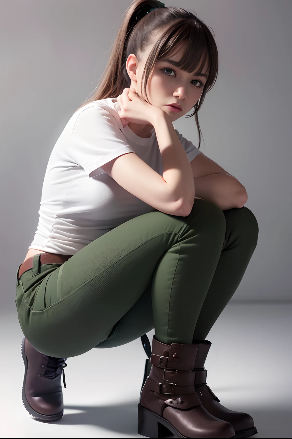 White background, simple background, 1 girl, brown hair, flush bangs, high ponytail, green eyes, half closed, long eyelashes, tight t-shirt, short sleeves, dark green, gray jeans, tight jeans, black cargo boots, side, full body, one hand crossed waist