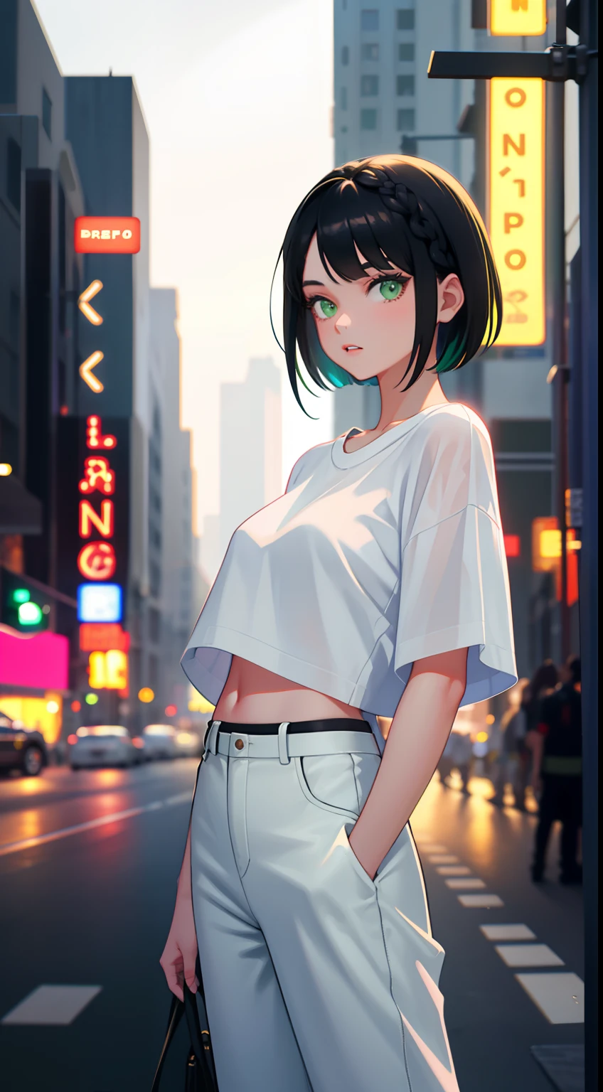 Anime girl in white top and white pants standing on the street - SeaArt AI