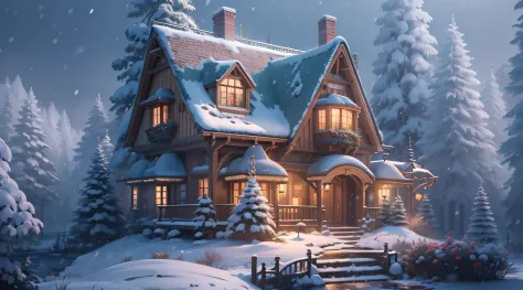 disney house in snowing forest 8k resolution
