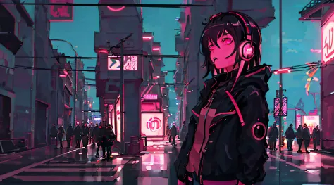 Anime girl with headphones in crowded city at night, [ 4K synthwave art style ]!!, nightcore, lofi artstyle, anime style 4 k, An...