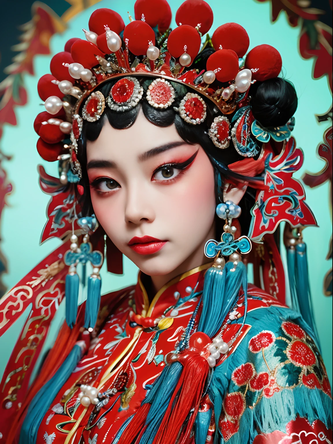 8K，Portrait Photogram，movie picture quality，。1 rapariga， CNOperaCrown， From the front， looking at viewert， Beautiful makeup，Exquisite headdress。Traditional Chinese Peking Opera，Intangible cultural heritage，Traditional Peking Opera。 （（（CNOperaFlag）））， The flag is from behind，The upper part of the body，Gorgeous costumes， pearls，nipple tassels。Chinese red，cloisonne