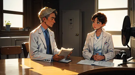 ((Masterpiece)), ((Best Quality)), A doctor in a white coat talking to a patient in a modern, well-lit examination room, showing...