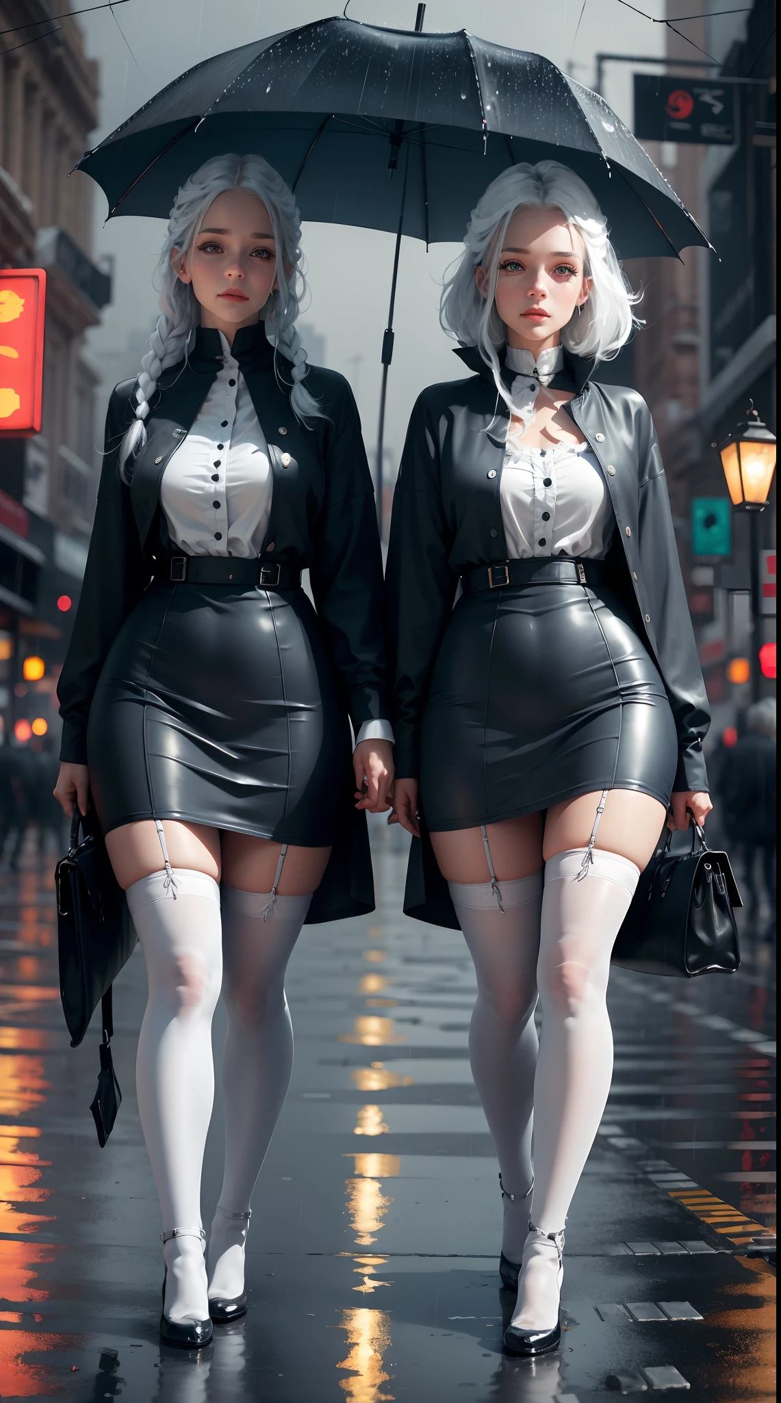 ,twins,White hair,Stockings,Mature female,rain,Night City