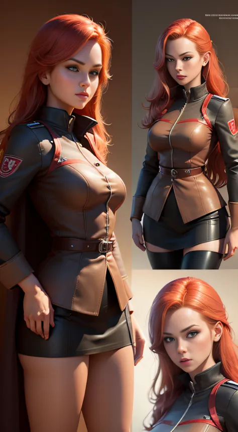 (full-pageconcept-art, drawing: 1), female character 3d model, redhead, stewardess, author: blender, from different angles, hype...