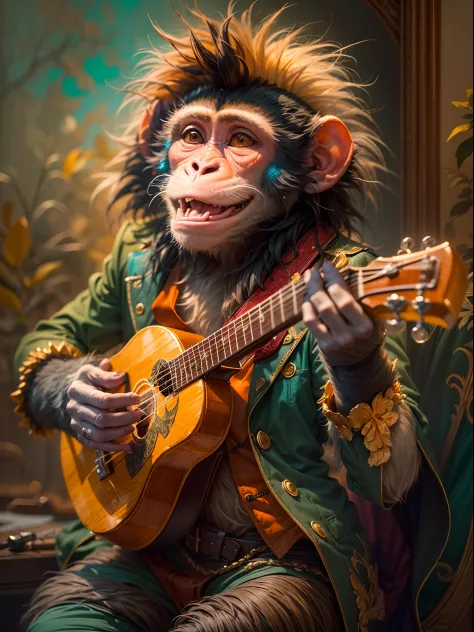 Image of a monkey dressed like a musician playing a luxury ukulele,detailed face and expression, furry hand, elegant posture, vi...