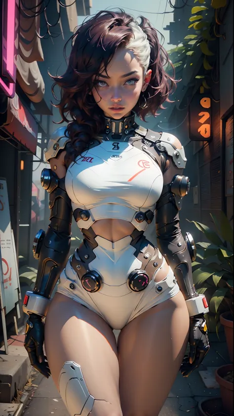 An artwork featuring a woman with a defined body, thick thighs, and cybernetic body parts, wearing short underwear.

Tags: woman with defined body, thick thighs, cybernetic body parts, short underwear, futuristic, cyberpunk, shiny metal surfaces, neon ligh...