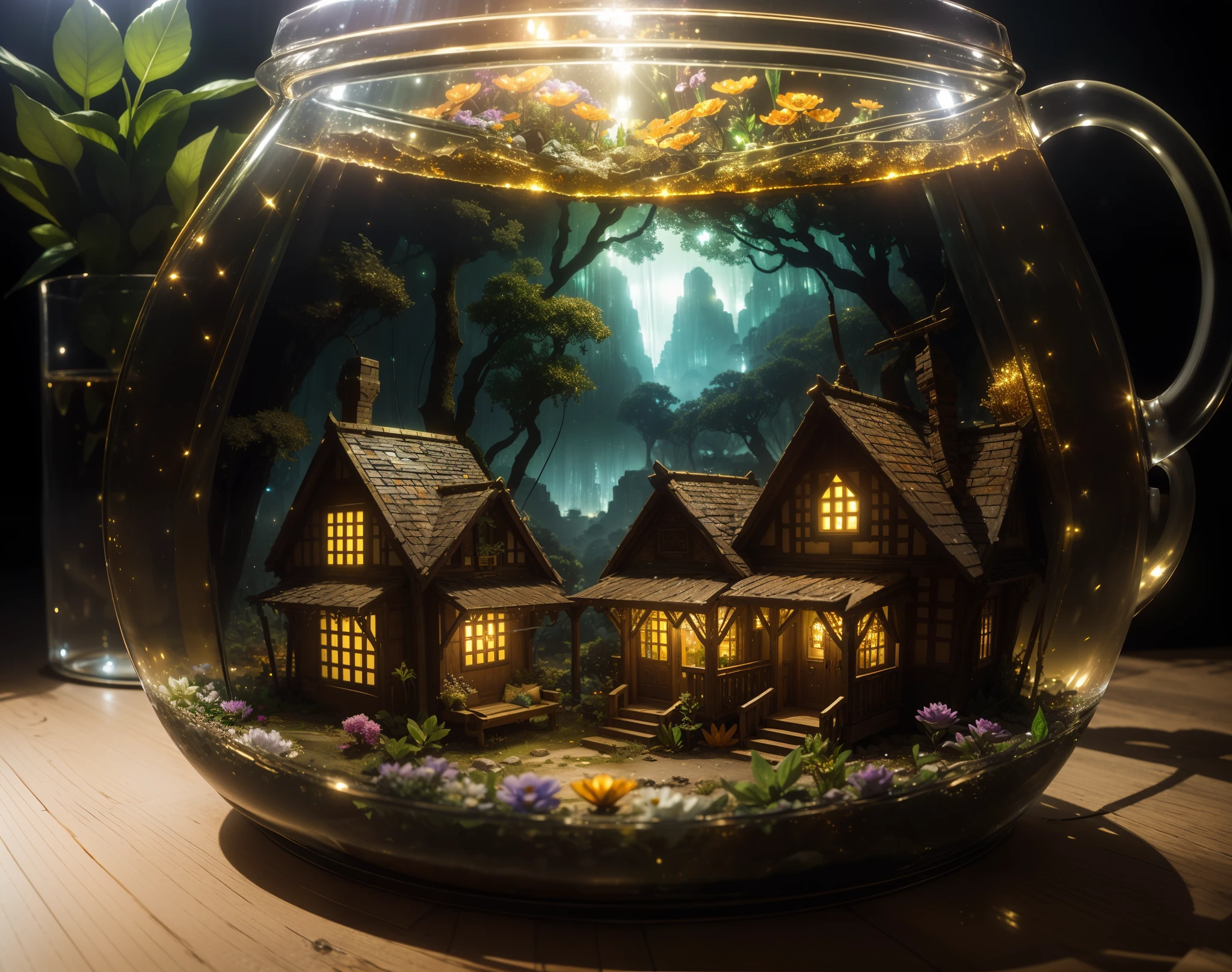 (concept art), (An intricate forest minitown, village, ((( landscape trapped in a glass rectangle  ))) , biome, thick glass, weathered, atmospheric orange lighting, on the gold ornate  table, 4k UHD,  lighting vibes, hyper detailed, vibrant colours, epic composition, octane render, sharp focus, detailed, intricate, (reflections, refractions, caustics:0.6), (high resolution isometric), 8k, HDR, realistic:1.4,lighting led,dust gold , glitter, diamonds, sparkles,green lemon, flowers multicolor led lighting,Greg Rutkoski,yacek yerka, 3D, k